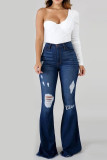 Light Blue Fashion Casual Solid Ripped High Waist Regular Denim Jeans