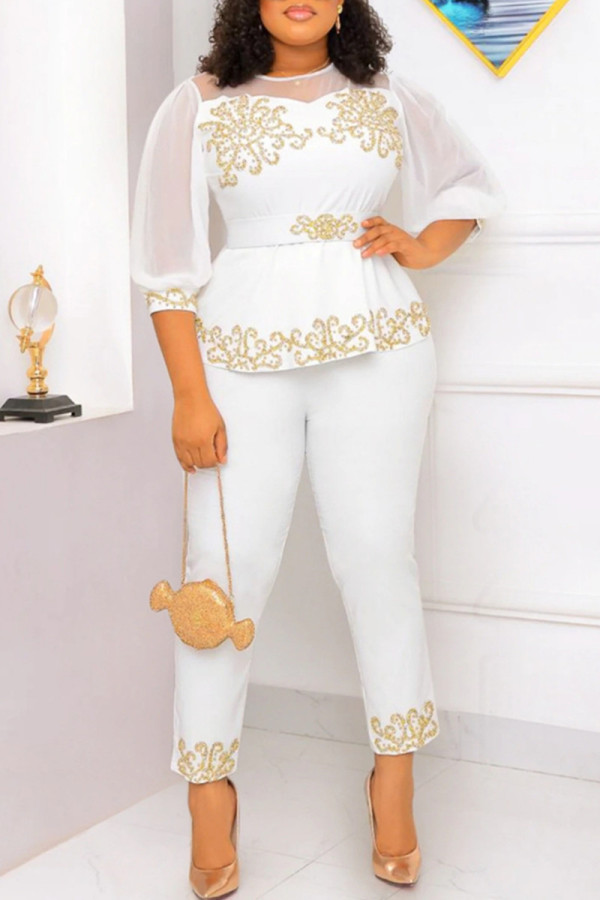 White Casual Patchwork Basic O Neck Two Pieces