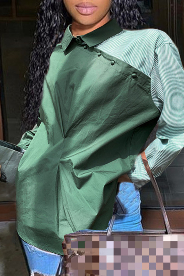 Green Casual Striped Patchwork Shirt Collar Tops