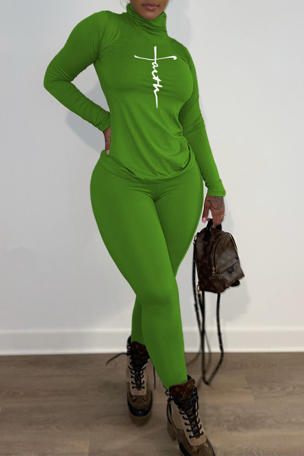 Green Casual Print Patchwork Turtleneck Long Sleeve Two Pieces