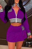 Purple Casual Letter Print Patchwork Zipper Collar Long Sleeve Two Pieces