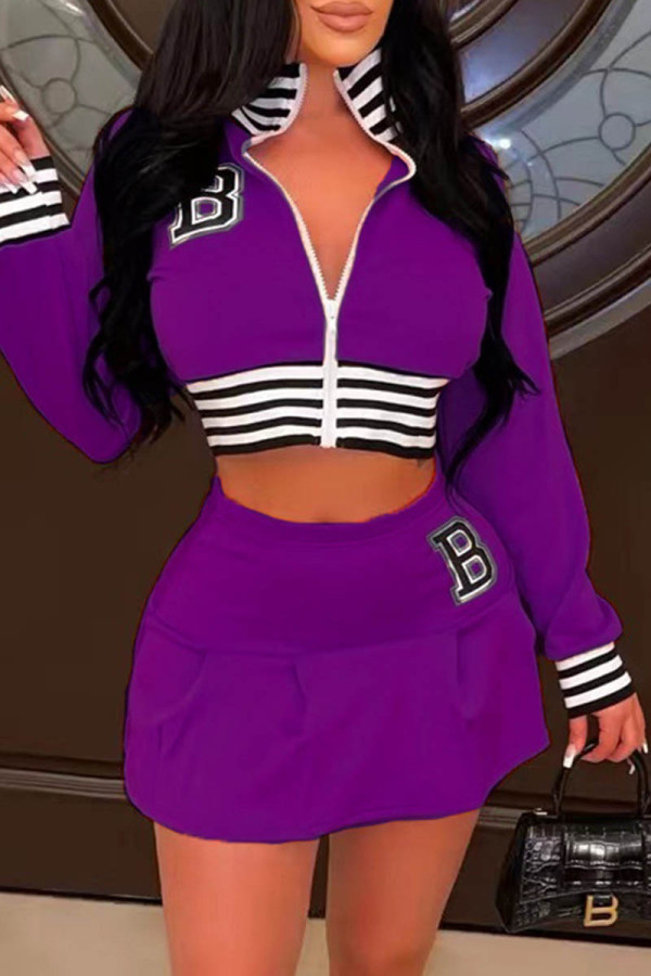 Purple Casual Letter Print Patchwork Zipper Collar Long Sleeve Two Pieces