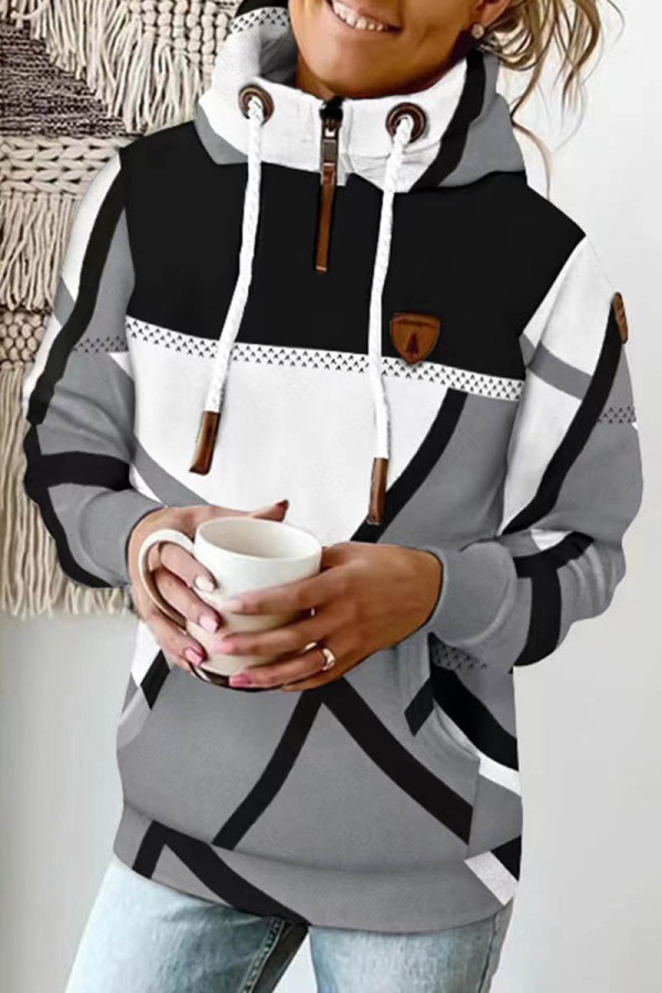Grey Casual Print Patchwork Hooded Collar Tops