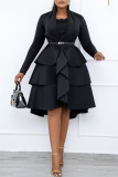 Black Casual Solid Patchwork With Belt V Neck Long Sleeve Dresses