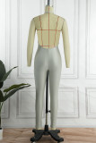 Grey Sexy Solid Patchwork Backless Halter Skinny Jumpsuits