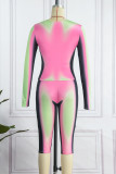 Pink Sexy Street Print Patchwork O Neck Long Sleeve Two Pieces