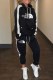 Black Street Print Letter Hooded Collar Long Sleeve Two Pieces