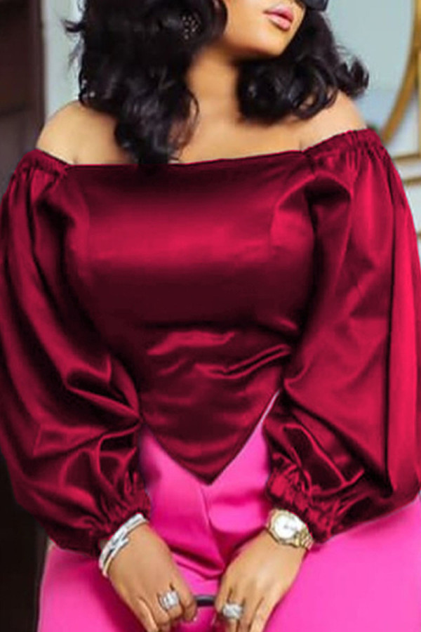 Burgundy Elegant Solid Patchwork Asymmetrical Off the Shoulder Tops