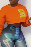 Orange Casual Print Patchwork O Neck Tops