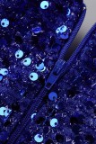 Blue Sexy Patchwork Bandage Sequins Backless Square Collar Long Sleeve Dresses