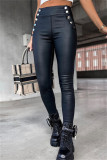 Black Casual Solid Buttons Skinny High Waist Pencil Trousers