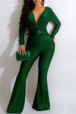 Green Sexy Solid Patchwork V Neck Boot Cut Jumpsuits