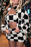 Black Sexy Casual Plaid Print Patchwork Long Sleeve Three-piece Set