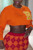 Orange Casual Print Patchwork O Neck Tops