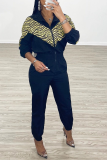 Black Street Print Patchwork Turndown Collar Skinny Jumpsuits