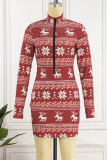 Deep Blue Casual Print Patchwork Zipper Collar Long Sleeve Dresses