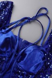 Blue Sexy Patchwork Bandage Sequins Backless Square Collar Long Sleeve Dresses