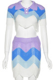 Blue Sexy Striped Print Hollowed Out Patchwork Asymmetrical Turndown Collar Short Sleeve Two Pieces