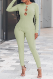 Apricot Sexy Solid Hollowed Out O Neck Skinny Jumpsuits