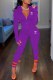 Dark Purple Casual Print Letter Zipper Collar Long Sleeve Two Pieces