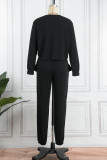 Black Casual Solid Patchwork With Bow V Neck Long Sleeve Two Pieces