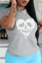 Grey Casual Party Print Skull Patchwork O Neck T-Shirts