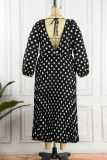 Burgundy Casual Dot Print Patchwork Square Collar Long Sleeve Plus Size Dresses