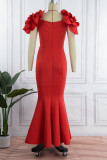 Red Elegant Solid Patchwork Appliques V Neck Evening Dress Dresses