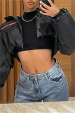 Black Casual Solid Patchwork Zipper Collar Outerwear