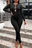 Apricot Sexy Solid Hollowed Out O Neck Skinny Jumpsuits