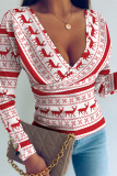 Red Casual Print Patchwork V Neck Tops