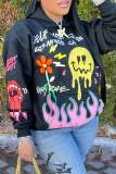 Black Casual Street Print Patchwork Hooded Collar Tops