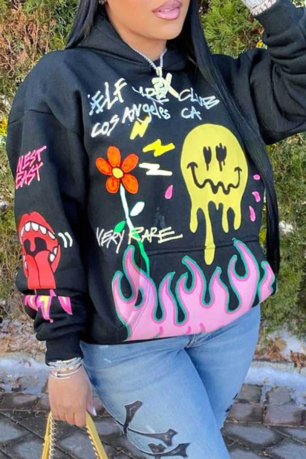 Black Casual Street Print Patchwork Hooded Collar Tops