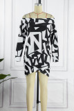 Blue Casual Print Patchwork Off the Shoulder Long Sleeve Dresses
