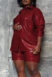 Burgundy Casual Solid Patchwork Buckle Turndown Collar Long Sleeve Two Pieces