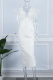 White Elegant Solid Patchwork V Neck One Step Skirt Dresses