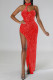 Red Sexy Solid Patchwork Slit Asymmetrical Halter Mesh Dress Dresses