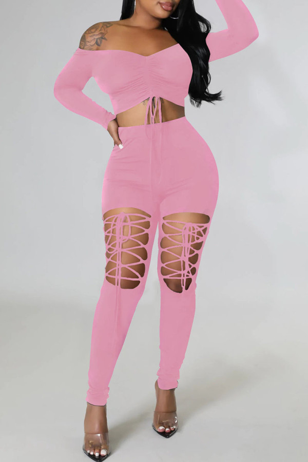 Pink Sexy Solid Bandage Hollowed Out Patchwork Off the Shoulder Long Sleeve Two Pieces