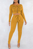 Earth Yellow Casual Solid Patchwork O Neck Long Sleeve Two Pieces