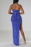 Red Sexy Solid Patchwork Slit Asymmetrical Halter Mesh Dress Dresses