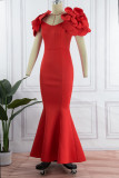 Red Elegant Solid Patchwork Appliques V Neck Evening Dress Dresses