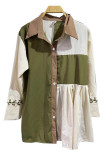 Green Casual Patchwork Turndown Collar Tops