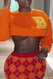 Orange Casual Print Patchwork O Neck Tops