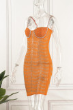Orange Sexy Patchwork Hot Drilling Backless Spaghetti Strap Sleeveless Dress Dresses