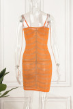 Orange Sexy Patchwork Hot Drilling Backless Spaghetti Strap Sleeveless Dress Dresses
