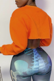 Orange Casual Print Patchwork O Neck Tops
