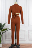 Deep Red Sexy Solid Bandage Hollowed Out Patchwork Asymmetrical Turn-back Collar Long Sleeve Two Pieces