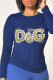 Navy Blue Street Daily Print Patchwork Letter O Neck Tops
