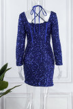Blue Sexy Patchwork Bandage Sequins Backless Square Collar Long Sleeve Dresses