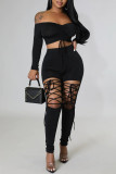 Red Sexy Solid Bandage Hollowed Out Patchwork Off the Shoulder Long Sleeve Two Pieces